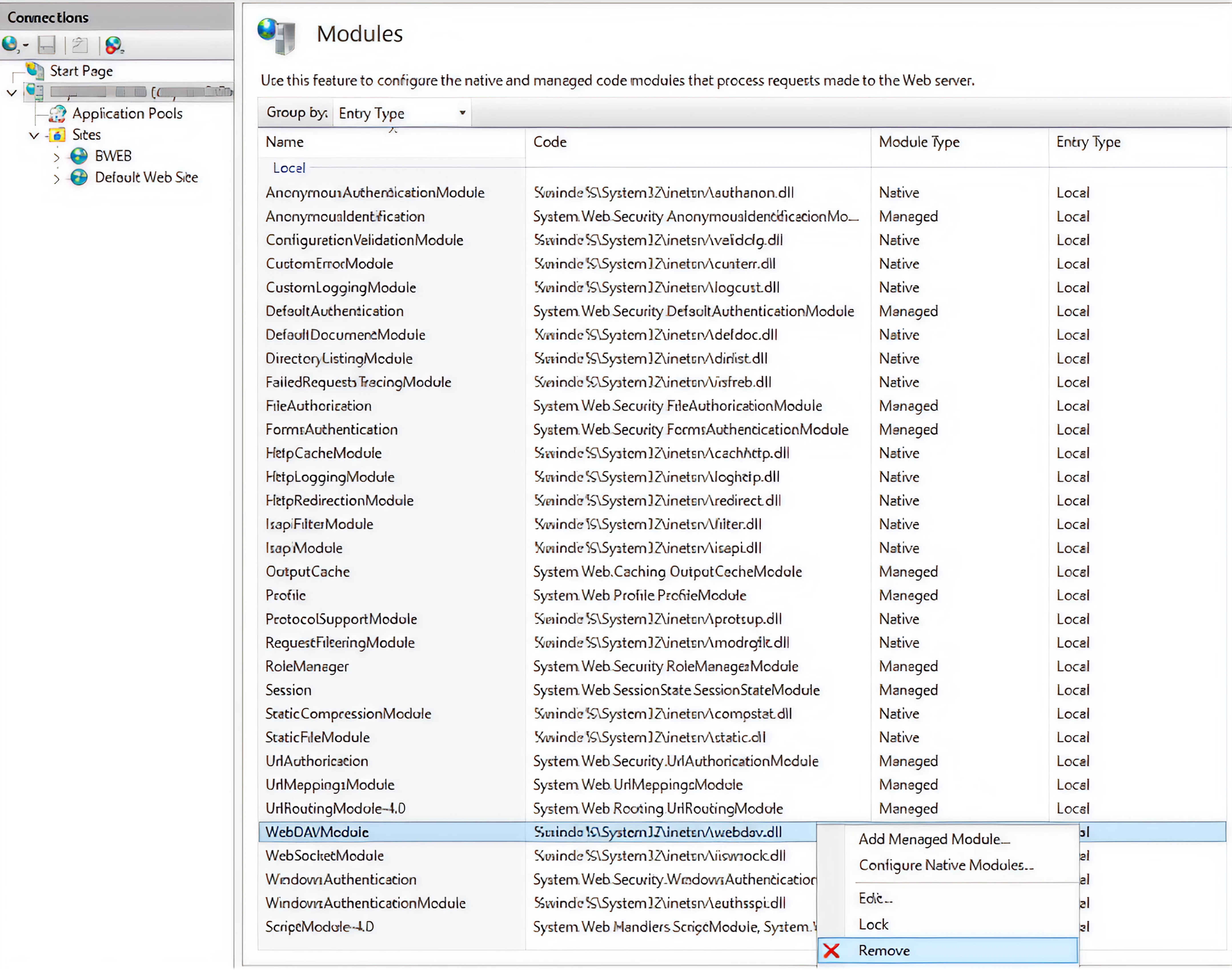 Configuration interface displaying various web server modules and their settings options.